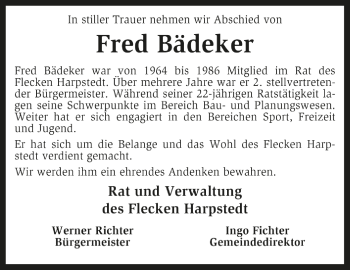 Traueranzeige von Fred Bädeker von Kreiszeitung